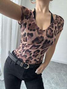 Chiquease V-Neck Leopard Print Ruffle Trim Short Sleeve Casual T-Shirt - Brown - View 7