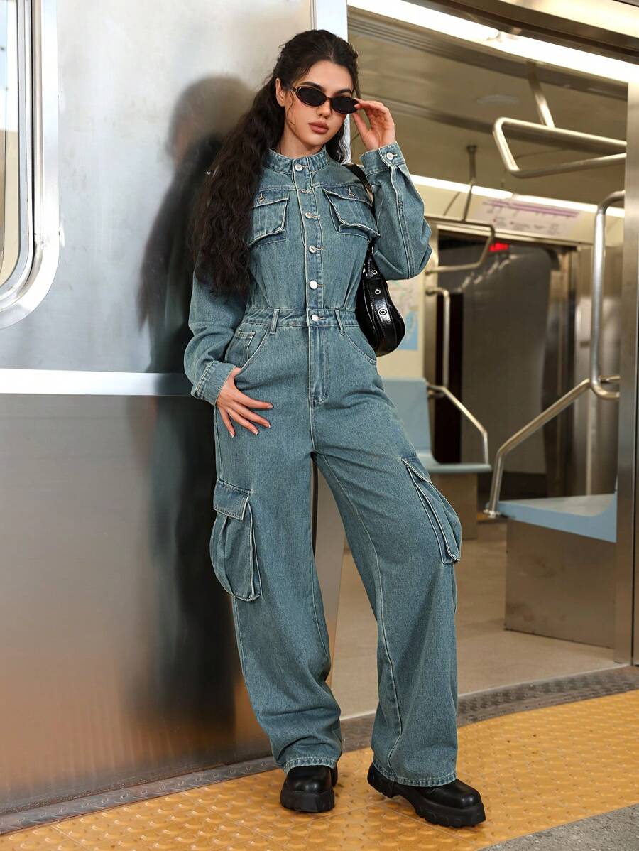 SHEIN EZwear Women's Solid Color Front Button Pocket Casual Long Sleeve Denim Jumpsuit - Blue - View 1