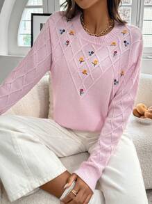 SHEIN LUNE Women's Casual Floral Embroidered Loose Crew Neck Long Sleeve Sweater, Autumn/Winter, Knit Pullover Fall - Pink - View 6