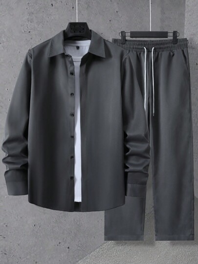 Manfinity Homme 2pcs Set Men Casual Solid Color Long Sleeve Shirt And Long Pants, Autumn, Fall Clothes