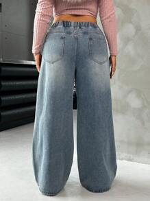 SHEIN ICON Plus Size Blue Loose Wide-Leg Boyfriend Jeans, Streetwear Style, Fall Women Clothes - Medium Wash - View 2