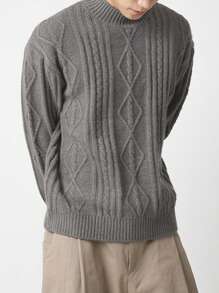 DAZY 1 件男士灰色罗纹圆领长袖休闲毛衣，秋季 - 灰色 - 查看 8