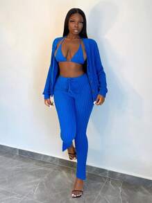 BamGleam 2 Stücke Set aus geripptem Langarm-Oberteil und Hose in Unifarbe, Lässig, Herbst