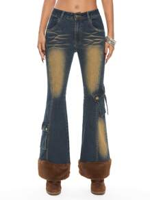 ROMWE Grunge Punk Quần Jeans Nữ Ống Loe Cạp Thấp, Vải Vá Lông Viền Thấp Y2K Distressed - Màu xanh lam - Xem 6