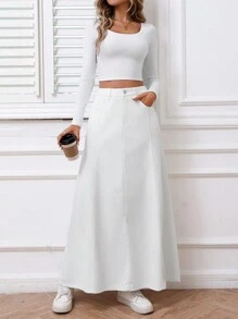 EMERY ROSE Women's Solid Color Pocket Casual Versatile Long Denim Skirt - White - View 3