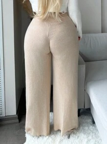 SHEIN SXY Plus Size Women Comfortable And Warm Straight Leg Casual Pants, Autumn/Winter - Apricot - View 2