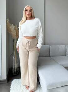 SHEIN SXY Plus Size Women Comfortable And Warm Straight Leg Casual Pants, Autumn/Winter - Apricot - View 3