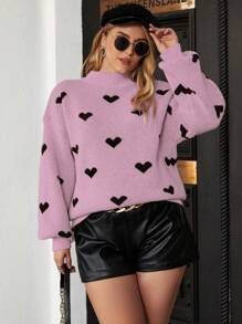 Vionelle 大码立领长袖心形图案简约休闲毛衣，适合冬季 - 彩色 - 查看 1