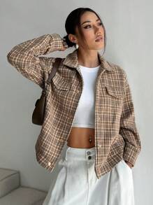 Flirla Women's Casual Vintage Plaid Fleece Button-Up Jacket, Autumn