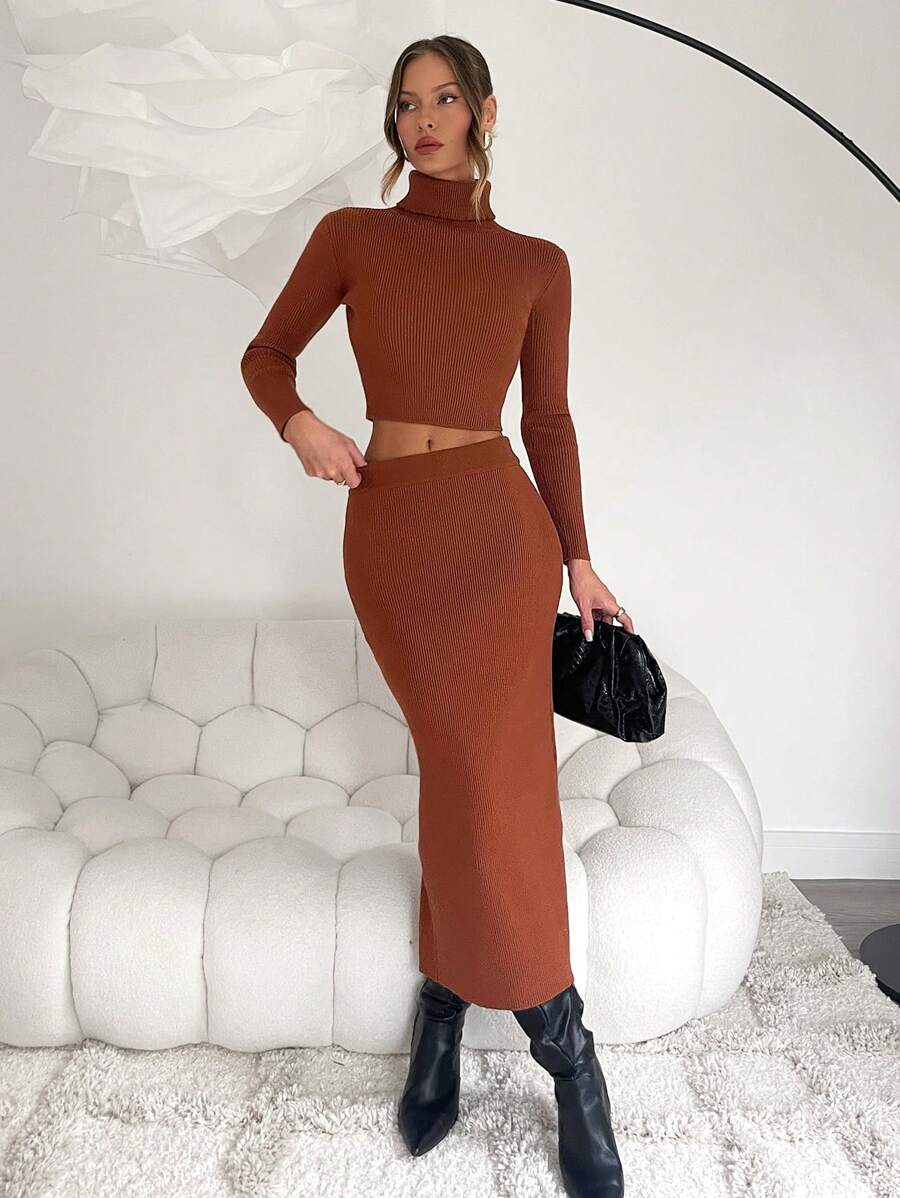 SHEIN Unity Women High Neck Straight Shoulder Long Sleeve Sweater With Elastic Waist & Front Slit Skirt Fall Cloth For Women - Rust Brown - View 1