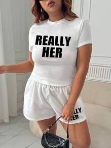 INAWLY Plus Size Ronde Hals Korte Mouw Letter Print Eenvoudige Blouse En Shorts 2-delige Set