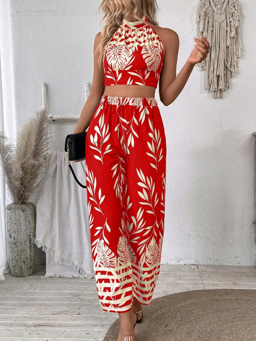 Breezaya 2 chiếc/bộ áo hở lưng in họa tiết cây cối cổ thắt nút cho nữ và quần ống rộng cạp chun - Đỏ - Xem 1