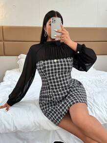 Celure Plus Size Plaid Print Button Collar Elegant Long Sleeve Dress