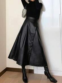 女士纯色高腰 PU 皮革长款优雅半身裙 - 黑色 - 查看 1