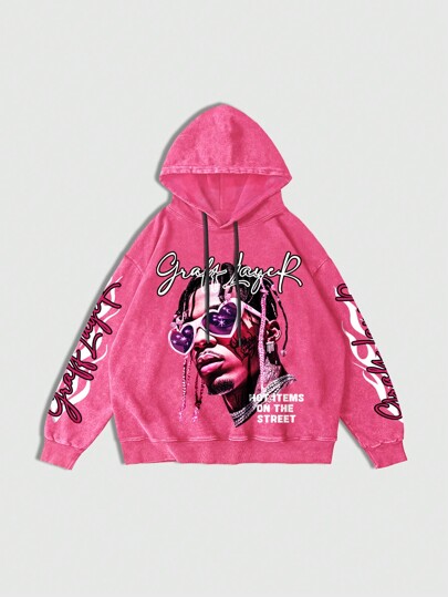 Street Life Men's Casual Streetwear Hip Hop Figure & Letter Print Drop Shoulder Loose Fit Drawstring Hoodie