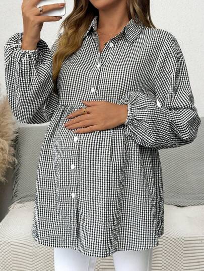 SHEIN Maternity Plaid Lantern Sleeve Blouse, Casual For Autumn