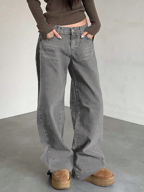 DAZY Blugi lungi din denim cu picior drept largi, stil stradal