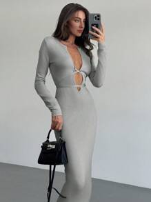 Aloruh Nuevo vestido de suéter largo ceñido con decoración de tirantes cruzados en V profunda, de manga larga y sexy