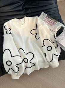 CosyJoli Plus Size Women Floral Print Pattern Round Neck Pullover Sweater, New Autumn/Winter Collection Fall