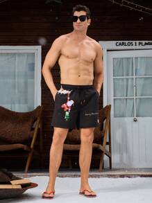 Surfspeed Men's Christmas Print Drawstring Waist Beach Shorts - Black - View 6