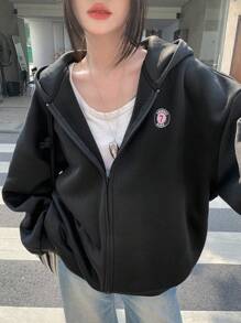 DAZY 女士休闲字母印花保暖内衬连帽衫运动衫，秋冬，长袖上衣，秋季女装拉链夹克 - 黑色 - 查看 8