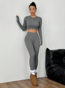 Flirla 2pcs Women Solid Color Crew Neck Long Sleeve Cropped Fitted Sweater And Long Pants Casual Set, Autumn/Winter - Grey - View 3