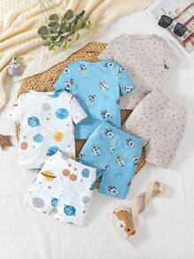 Conjunto de 3 piezas para bebé niño: camiseta con estampado de nave espacial y planeta y pantalones cortos, conjunto de pijama informal - Multicolor - Ver 2