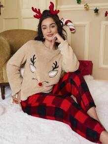 女士圣诞法兰绒睡衣套装，圆领长袖图案细节简约上衣和长裤 - 彩色 - 查看 4