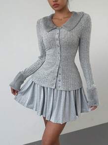 SHEIN SXY 2pcs Women Fluffy Panel Long Sleeve Open Front T-Shirt And Gathered Waist Skirt Set, For Autumn/Winter - Grey - View 4