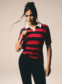 Athîral 女士撞色条纹印花 Polo 领休闲短袖 T 恤