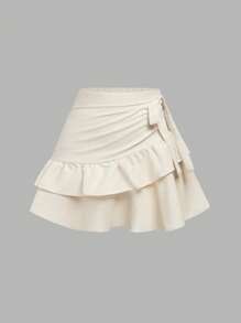 SHEIN Girlism Teen Girls Textured Chiffon Ruffle Hem Bow Decor Solid Color Casual Versatile Mini Skirt - Apricot - View 1