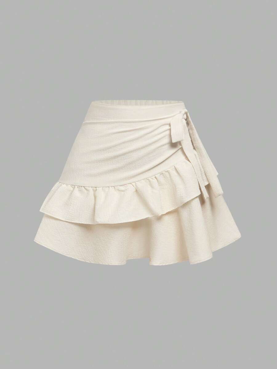 SHEIN Girlism Teen Girls Textured Chiffon Ruffle Hem Bow Decor Solid Color Casual Versatile Mini Skirt - Apricot - View 1