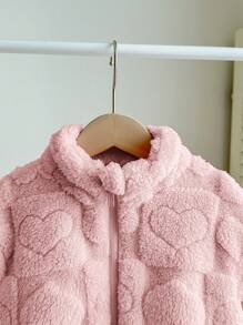 SHEIN LMoss Kids LMoss Autumn/Winter Cute Casual Versatile Heart Pattern Fluffy Long Sleeve Stand Collar Jacket For Baby Girls