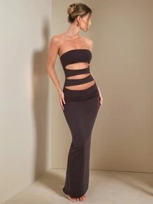 SHEIN BAE Vestido elegante de mujer de unicolor café, con corte hueco, apropiado para citas diarias, salidas, fiestas en discotecas y reuniones