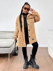 SHEIN SLAYR KIDS Tween Girl Warm Thermal Lined Lapel Pocket Button Front Mid-Length Cardigan, Autumn/Winter - Brown - View 5