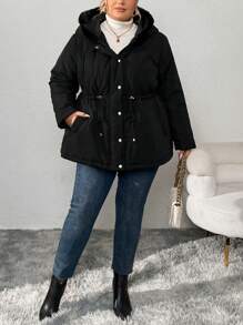 SHEIN CURVE+ Plus Size Women's Fluffy Hooded Padded Coat, For Winter - Black - View 7