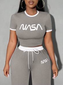 SHEIN SXY Summer;2pcs/Set Rose Pink Sporty Contrast Trim Top With Relaxed Fit Wide Leg Pants, Casual Tracksuit