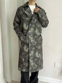 Claim Dot Men's Casual Loose Fit Double Breasted Slant Pocket Trenchcoat For Autumn - Army Green - View 3