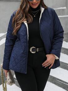 SHEIN LUNE Plus Size Plain Zip Up Front Long Sleeve Casual Jacket, Everyday Wear, For Winter Clothes - Navy Blue - View 6