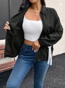 SHEIN Privé Áo khoác tay dài màu đen thoải mái giản dị cỡ lớn 4 mùa phong cách đường phố dễ thương thời trang đơn giản thể thao trang trí nơ ba lê bỏ túi thật cho nữ - màu đen - Xem 7