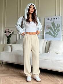 Muchica 秋冬女士休闲纯色褶皱阔腿直筒裤 - 杏色 - 查看 5