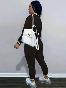 纯色夹克和单排扣棒球服套装 女士运动服两件套 休闲黑色 春季优雅 - 黑色 - 查看 2