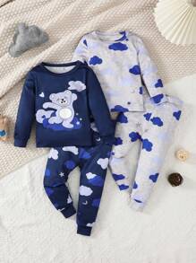 2 pièces Body à manches longues et pantalon pour bébé garçon avec motif mignon de nounours nuage et blocs de couleurs, tenue de détente confortable et respirante avec un ajustement proche du corps - Multicolore - Voir 9