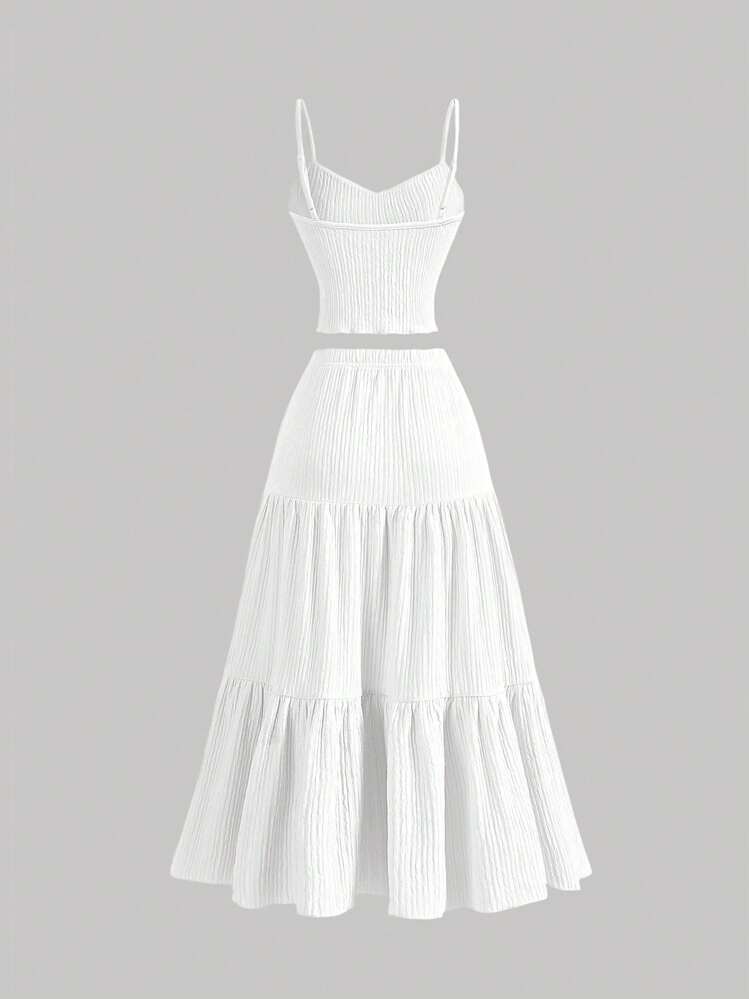 Girlism Conjunto de 2 piezas para adolescente, atuendo de vacaciones, elegante, con top de tirantes y falda larga, conjunto de dos piezas para brunch, prendas interiores, ropa de primavera, verano y otoño, ropa de vuelta al colegio - Blanco - Añade 2