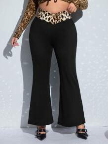 SHEIN ICON Pantalones acampanados de talla grande para mujer ICON con cintura en forma de V, color negro