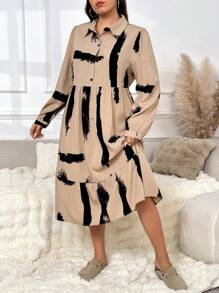 SHEIN Frenchy Plus Size Casual Geometric Print Shirt Collar A-Line Cake Dress