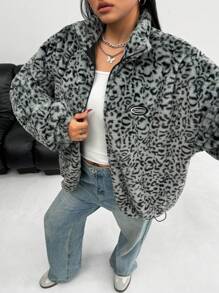 SHEIN EZwear 大码女式豹纹毛绒夹克，适合秋冬季 - 灰色 - 查看 6