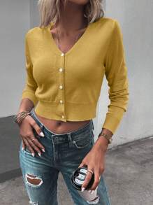 SHEIN LUNE Áo Cardigan lửng cài nút phía trước màu trơn giản dị mùa thu - Màu vàng - Xem 6