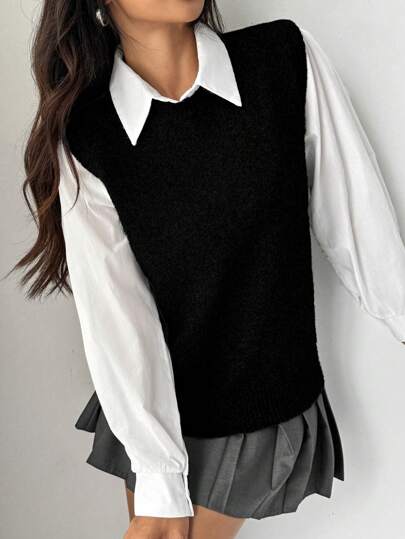 Chiquease Chaleco de punto holgado de unicolor con cuello redondo, casual, para otoño e invierno