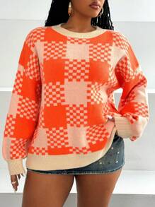 Maweii Plus Size Plaid Printed Crew Neck Casual Long Sleeve Sweater